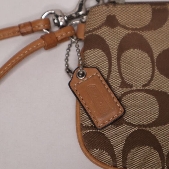 Coach Monogram Jacquard Wristlet Tan with Leather Strap Zip Closure 6.5in x 4in - Picture 2 of 7